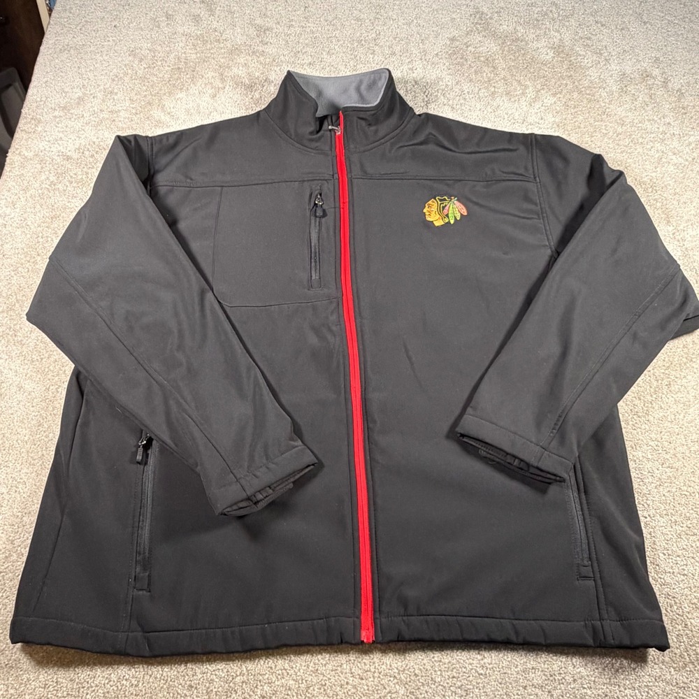 NHL Chicago Blackhawks Softshell Jacket Men 2XL Black Red Full Zip Embroidered‎